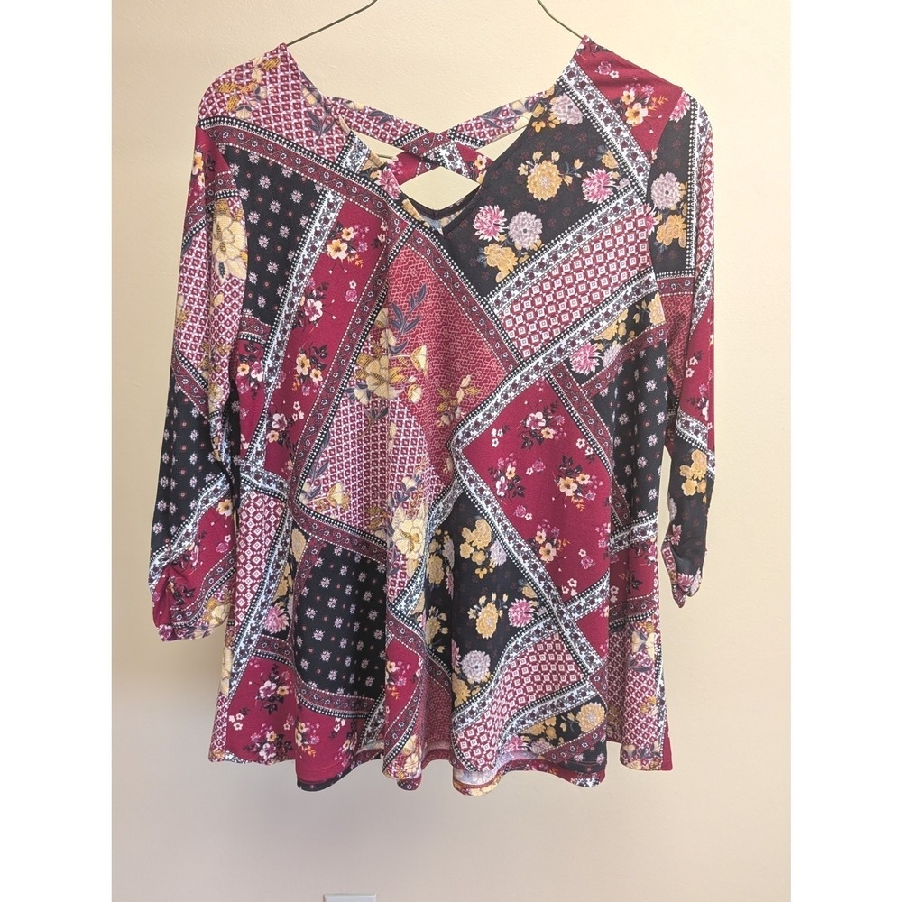 Boho Patchwork Floral Tunic Top Burgundy Mixed Print Flowy Blouse 1X - Picture 4 of 10